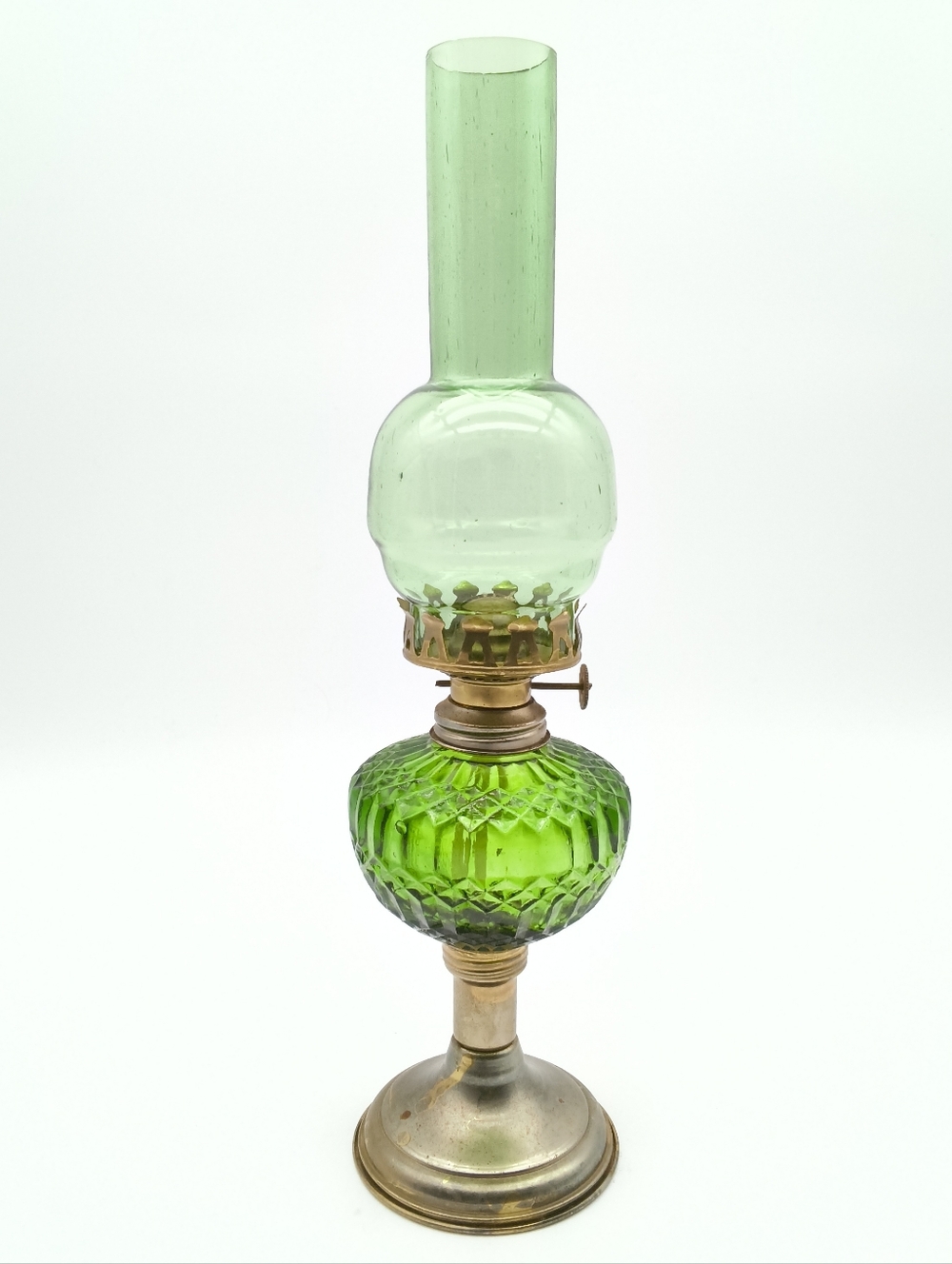 Collectible Depression Green Glass Kerosene Lamp – Diamond Pattern